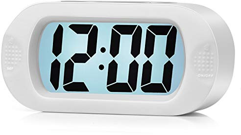 Plumeet Kids Alarm Clock Large Digital LCD Travel Alarm Clocks with Snooze and Night Light - Ascending Sound and Handheld Size - Best Gift for Kids (White)