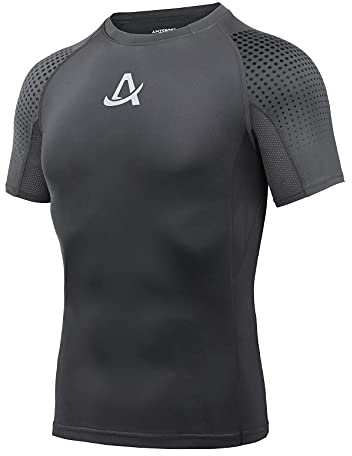 AMZSPORT Kompressionströja för män, kortärmad sportskjorta, snabbtorkande löpartröja, funktionell skjorta, 112008-grå, L