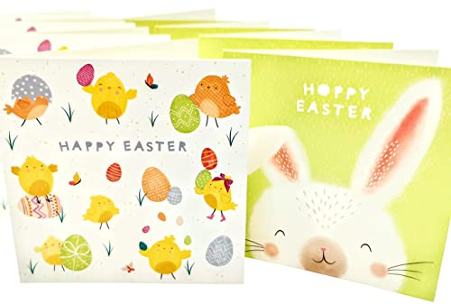 Set of 8 Easter Cards with Envelopes – Cute Happy Easter Greeting Cards – Two Adorable Designs with Bunny & Chicks – 12x12cm – Premium Quality 210 GSM – Perfect for Kids & Adults