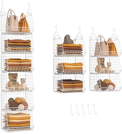 X-cosrack 6 Tier Closet Hanging Organizer, Clothes Hanging Shelves with 4 Hanging Hooks 5 S Hooks, Wire Storage Basket Bins, for Clothing Sweaters Shoes Handbags Clutches Accessories Patent