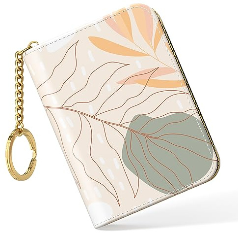 Nipichsha Credit Card Holder, Small RFID Card Wallet for Women, Slim Leather Card Holder Wallet, Credit Card Wallet Organizer, Pocket Business Card Case with Zipper & Keychain, Abstract Art Leaf