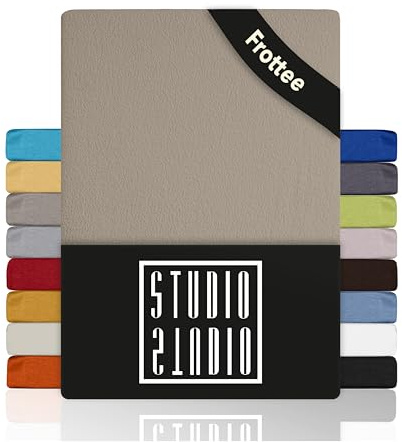 STUDIO Drap-Housse 140x200cm – Éponge Douce 80 % Coton 20 % Polyester – Taupe – Certifié Oeko-TEX – Extensible, Infroissable – pour Matelas 15–25 cm – Doux & Chaud