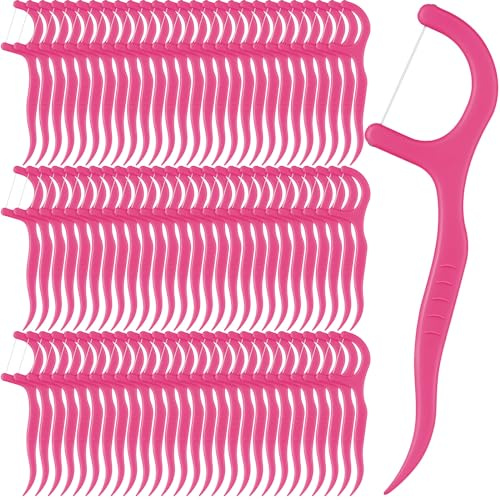 Baderke 200 Count Floss Picks Bulk Non Breakable Tooth Picks Flosser Dental Floss Sticks for Adults Teeth Cleaning Dental Flossers for Family Pack Travel (Hot Pink)