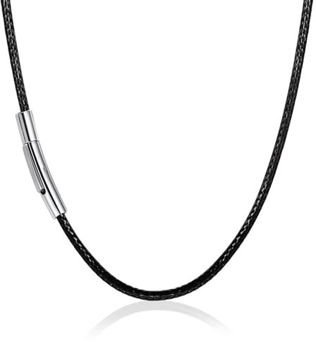 Hernin Schwarz geflochten Lederkette Lederband, Kunstleder Halskette/Armband,2/3mm Schwarz Kunstleder Halskette Braid, Edelstahl Verschluss Wachs Lederkette 46-61cm Länge (schwarz-3mm, 51)