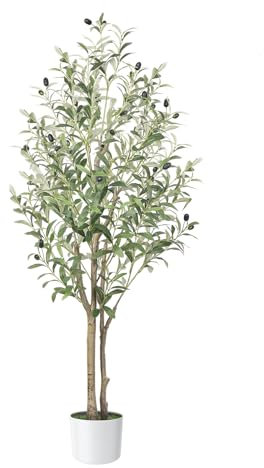 Alupssuc 4FT Faux Olive Tree with White Pot, Indoor Outdoor with Natural Wood Trunk & Lifelike Fruits, Perfect for Modern Home Office & Living Room Floor Decor