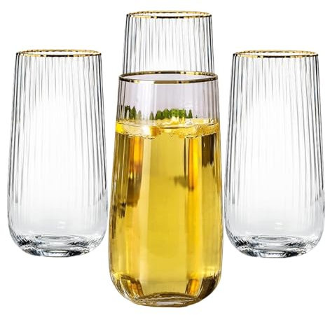 Supercap - Copas de champán sopladas a mano sin tallo con borde dorado, copas de cristal para vino y champán burbujeantes, rayas verticales, transparentes, 17 onzas (tall glasses, 6pcs)
