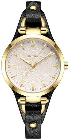 BUREI Reloj Demen Elegante Pulsera de Piel para Mujer, clásico, analógico, Cuarzo, Regalo para Mujer (Negro Dorado)