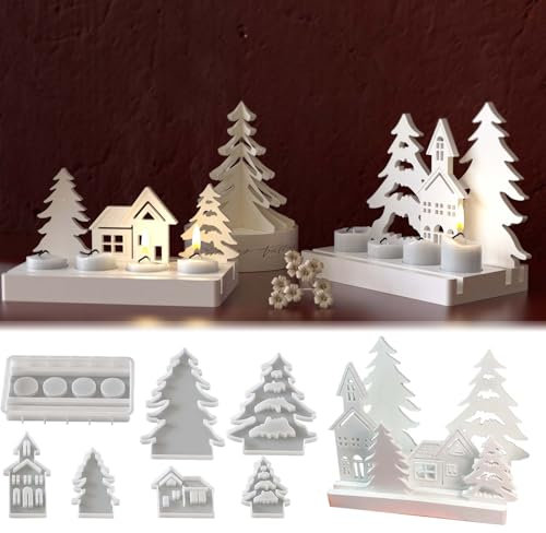 7PCS Silikonformen Gießformen Weihnachten, SVOCK Gießformen Silikon Haus, Weihnachten Kerzenhalter, Gussformen für Gips, Epoxidharz Formen, Gießform Tannenbaum für die DIY Duftkerzenherstellung