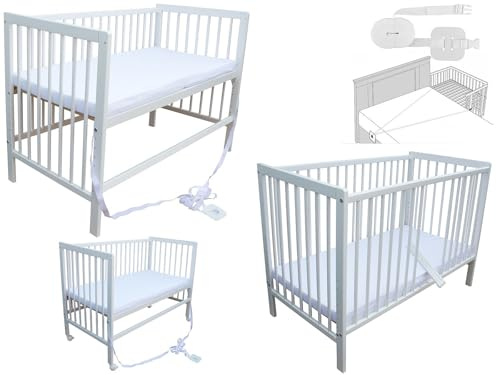 Kinderbett - Beistellbett - Babybett 120x60 cm umbaubares Bett mit Gurt, Rädern und Matratze (Weiss mit Matratze)