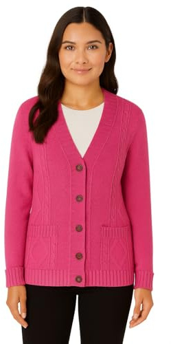 ZARVICZONIA Women's Cable Knit Button Down Sweater with Pockets - Soft Chunky Knit Long Sleeve Winter Cardigan, Casual Warm Knitwear (22 Colours) (UK, Numeric, 18, Regular, Regular, Hot Pink)