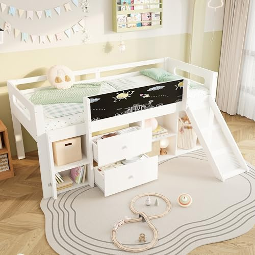 Miyemo Bunk Bed for Kids, 3ft Single Bed Frame with Storage Drawers & Shelves, Wooden Children's Cabin Bed with Slide & Blackboard, Space-Saving Loft Bed, 90x190cm, White, (No Mattress)