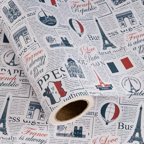 RUSPEPA Presentpapper Paris Vintage Kraft - Mini Rulle - 43,2 cm x 5 m - Fransk Resa Retro Dagstidning Presentpapper för Födelsedag, Bröllop, Årsdagar, Brudshower