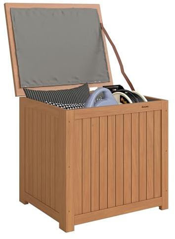 Outsunny Arcón Exterior de Madera, 130L, Baúl Almacenaje Exterior con Forro, Tapa con Bisagras y Correa, Impermeable, Resistente a la Intemperie, para Jardín, Terraza, Patio, 63x51x58,5 cm, Marrón