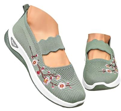 Ortopediska skor för kvinnor sommar med nät broderade tofflor lättviktiga slip-on sport ortopediska tofflor andningsbara halkfria fotvalvsstöd sandaler promenader, Grön grön, 35 EU