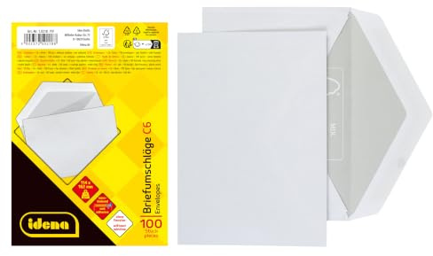 Idena 10218 – kuvert C6, 75 g/m², våtlevande, utan fönster, vit, 100 stycken