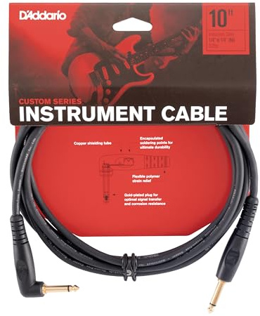 D'Addario Guitar Cable - Guitar Lead - Shielded Ends - 1/4 Inch Male to 1/4 Inch Male - Custom Series - 10 Feet/3.05 Meters - Straight End/Right Angle - 1 Pack