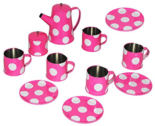 alles-meine.de GmbH 11 TLG. Teeset/Puppengeschirr - Metall & Blech Geschirr - rosa weiße Punkte - Teeservice & Kaffeeservice mit Kanne - Spiel Set - Küche Zubehör Koffer - für ..