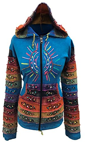 SHOPOHOLIC FASHION Huvtröja med lappverk, syratvättad och flerfärgad jacka med huva, randigt regnbågsmönster på ärmarna, hippie-jacka, Turkos, M