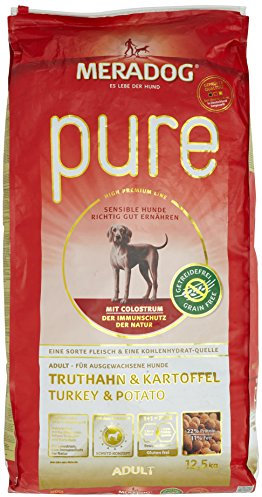 MERA PURE Adult Trockenfutter I Hundefutter ohne Getreide und glutenhaltige Zutaten für sensible Hunde mit Truthahn und Kartoffeln I 12,5 Kg