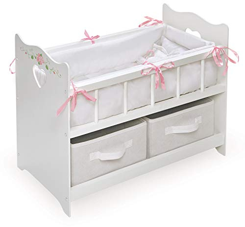 Badger Basket Wooden Doll Bed with Bed Liner, Pillows and Two Storage Baskets - Fits 18 Dolls - Ideal for Pretend Play and Baby Doll Fun - White/Rose Design with Free Personalization Kit