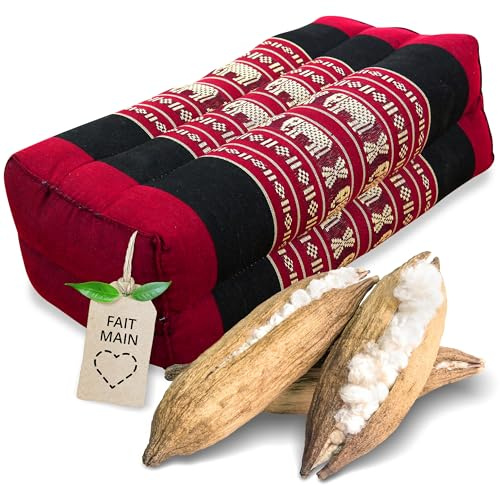 livasia coussin yoga carré bloc - 17x34x12cm - Coussin de méditation kapok, Coussin de soutien bolster rectangulaire, Accessoires yoga pilates coussin cale-nuque, fait main (Rouge/Éléphants)