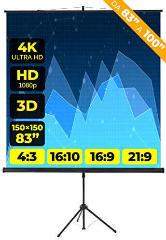 Schermo Proiettore Provis Treppiede (83 Pollici) 150cm (150x150) Formato 4:3 16:9 16:10 Leggero 1 Metro e Mezzo Schermo Proiezione 1mt Telo Proiettore Videoproiettore Videoproiezione 2 mt 4K HD
