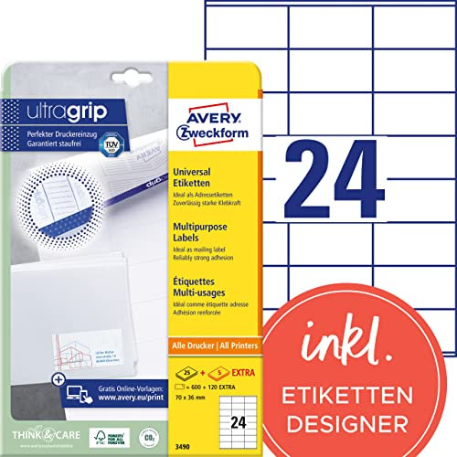 AVERY Zweckform 3490 Adressaufkleber (600 plus 120 Klebeetiketten extra, 70x36mm auf A4, Papier matt, bedruckbare Absenderetiketten, selbstklebende Adressetiketten mit ultragrip) 30 Blatt, weiß