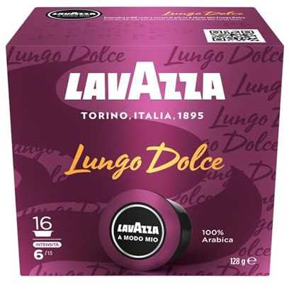 Lavazza, A Modo Mio Lungo Dolce, 1 Packung mit 16 Kaffeekapseln mit Aromanoten von Getrockneten Früchten, 100 % Arabica, Intensität 6/13, Mittlere Röstung
