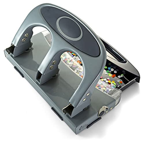 Officemate Deluxe 3-Hole Punch, Heavy Duty, with Chip Drawer, 45 Sheet Capacity (90100), Silver/Navy