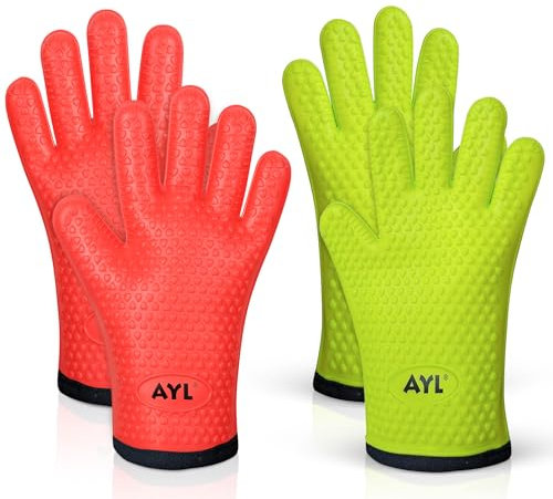 AYL Silicone Smoker Oven Gloves - Extreme Heat Resistant BBQ Gloves - Handle Hot Food on Your Grill, Pit & Turkey Fryer | Waterproof Meat Handling Mitts with Cotton Layer | Ultimate Set + Bonuses