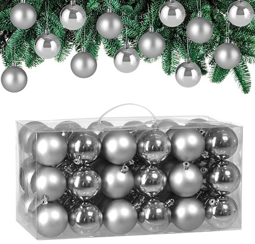 Deuba® Weihnachtskugeln 54tlg Ø 6cm Kunststoff matt glänzend Christbaumkugeln Christbaumschmuck Anhänger Weihnachtsbaumkugeln Weihnachtsdeko Silber
