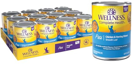 Wellness Complete Health Pate Adult Canned Wet Cat Food, Natural, Protein Rich, Grain Free, Chicken and Herring Dinner Recipe, 12.5 oz, Pack of 12 Cans