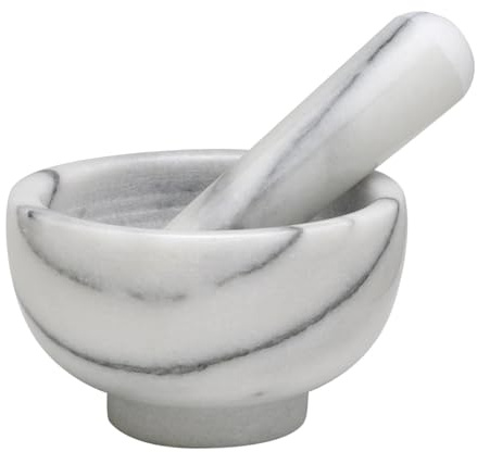 HIC Kitchen Mortar and Pestle Set, Solid Carrara Marble, 3.8-Inch, Spice Herb Grinder, Pill Crusher, Nut Butter Maker