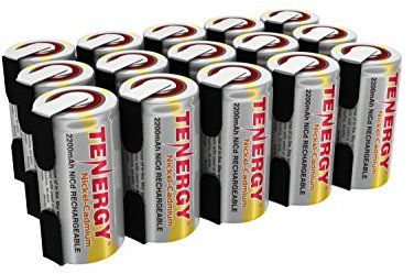 Tenergy 2200mAh Sub C NiCd Battery for Power Tools, 1.2V Flat Top Rechargeable Sub-C Cell Batteries with Tabs, 15-Pack