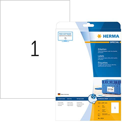 HERMA 4824 Universal Etiketten für Inkjet Drucker, 25 Blatt, 210 x 297 mm, 1 pro A4 Bogen, 25 Stück, selbstklebend, bedruckbar, matt, blanko Klebeetiketten Aufkleber für Tintenstrahldrucker, weiß