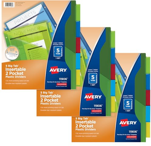 Avery Big Tab Insertable Dividers, 5-Tab, Multicolor, 3 Sets