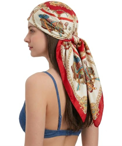YOUR SMILE Silk Like Scarf Women's Fashion Pattern Large Square Satin Headscarf Headdress Red chain (4)