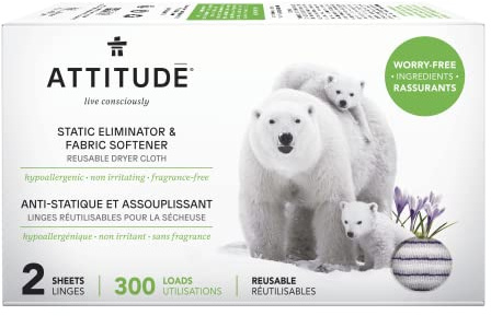 ATTITUDE Reusable Dryer Sheets, Static Eliminator & Fabric Softener, Fragrance-Free Laundry, 300 Loads, 2 Sheets (1 Pack)