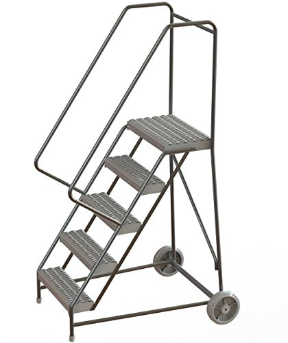 Tri-Arc WLARTR105245 5-Step Aluminum Wheelbarrow Style Rolling Ladder with 24 Wide Grip Strut Tread Steps, 14 Deep Top Platform with Handrails and Guardrails
