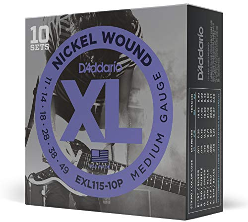 D'Addario EXL115-10P Cuerdas de Guitarra Eléctrica Bobinadas en Níquel, Medium/Blues-Jazz Rock, 11-49, 10 Juegos, 11-49, Med. Blues Jazz Rock, 10-Pack