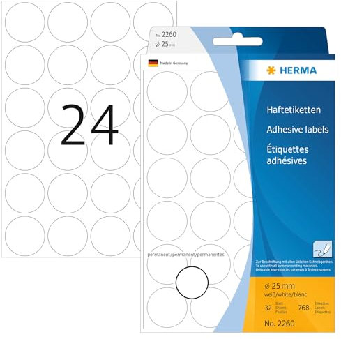 HERMA 2260 Punktaufkleber Klebepunkte weiß, 768 Stück, Ø 25 mm, 24 pro Bogen, selbstklebend, Markierungspunkte für Kalender Planer Basteln, matt, blanko Papier Farbpunkte Aufkleber