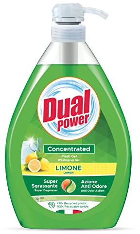 Dual Power Piatti Gel Limone, Detergente Piatti Concentrato ad Elevato Potere Sgrassante, Ideale per Stoviglie Incrostate, Azione Anti Odore, Made in Italy, Dispenser 1 L