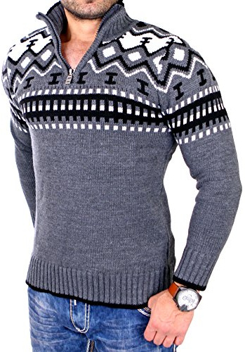 Reslad Jersey de punto para hombre con cuello redondo y cremallera para invierno, suéter noruego para hombres RS-3110, antracita, M