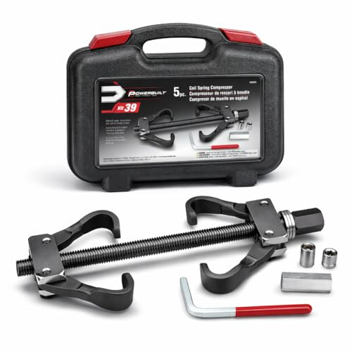 Powerbuilt Coil Spring Compressor Tool Kit, 5 Piece, Straight or Curved Coil Springs, Shock Absorbers, Foreign and Domestic, Storage Case - 648603, Black