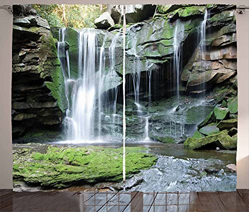 Ambesonne Waterfall Curtains, Rocky Waterfall to Pond Running Off Scenic Nature Themed Picture Print, Living Room Bedroom Window Drapes 2 Panel Set, 108 X 84, Brown
