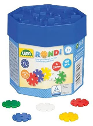 Lena 35945 Steckspiel Rondi 25 in Baudose, 170 Teile in bunten Farben, ca. 25 mm, Konstruktionsspielzeug mit Steckteilen, Spielset mit Steckbausteine für Kinder ab 2 Jahre, Schneeflocken Bausteine
