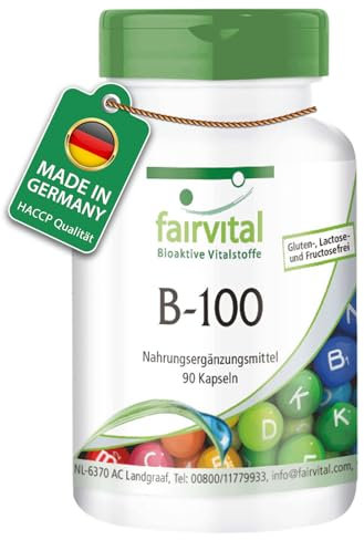 Fairvital | Vitamin B Komplex Forte - B-100-90 Kapseln - alle B-Vitamine (B1, B2, B3, B5, B6, B7, B9, B12) - Besonders HOCHDOSIERT