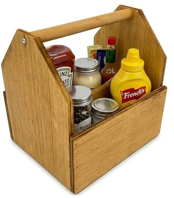 Chabrias Ltd 20cm Wooden Condiment Holder Caddy – Rustic Table & Countertop Organiser for Sauces, Napkins, Cutlery, Sugar & Spices – Kitchen, Café, Bar & Restaurant Table Storage