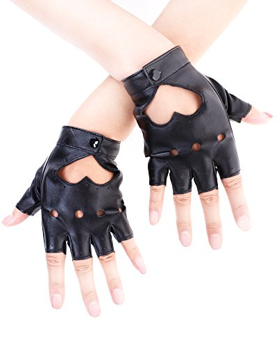 JISEN Sexy Women Heart Cutout Punk Half Finger PU Leather Performance Gloves Black, One Size