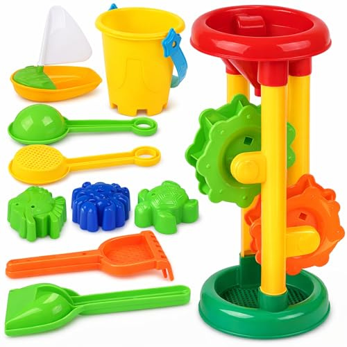 Liberty Imports Double Sand & Water Wheel Tower Beach Toy Set w/Built-in Funnel, Sieve, Bucket, Shovel, Rake, Animal Molds for Kids, Toddlers Play
